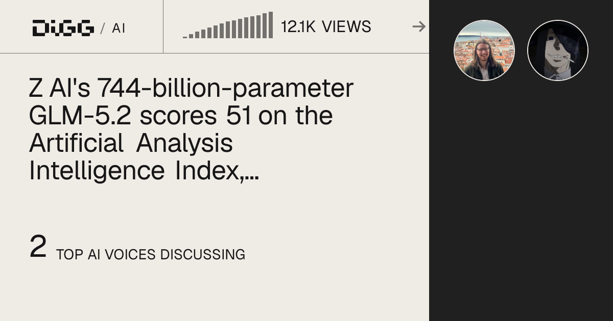Z AI's 744-billion-parameter GLM-5.2 scores 51 on the Artificial Analysis Intelligence Index, ranking fifth overall · Digg
